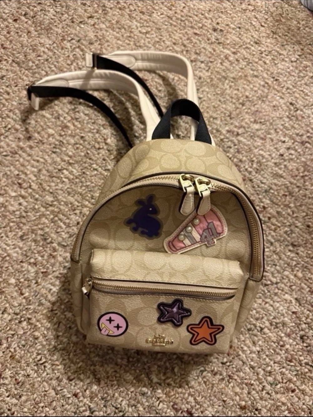 Coach Beige Signature Mini Backpack with Patch Details. Navy Coach shoes
